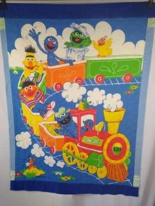 Vintage Sesame Street Crib Blanket Muppets Bert Ernie Grover On Train Rare