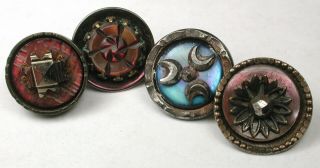 4 Antique Steel Cup Button With Cut Steel Over Iridescent Shell - 1/2 "