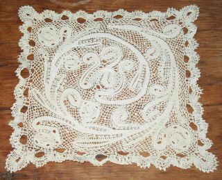 Antique Square Bobbin Lace Doily Ivory Hand Made Milanese Flanders Belgian Style