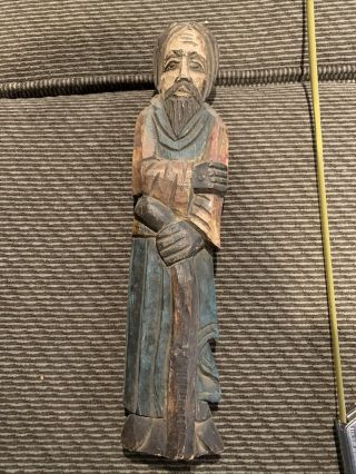 Vintage Folk Art 14” Hand Carved Wooden Figure Old Man W/beard And Cane