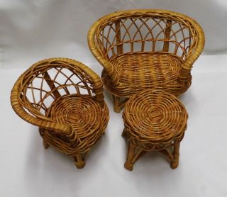3 Pc Wicker Doll House Furniture 2 Chairs & 1 Table,  Barbie Size