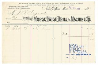 Antique 1895 Morse Twist Drill & Machine Co Bedford Ma Bill Head