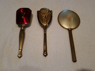 Vintage Art Deco Gold Or Brass Two Brushes And Mirror No Hallmarks No Monogram