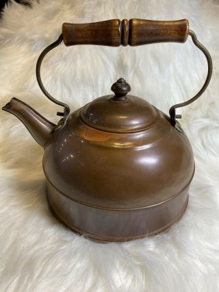 Antique Copper Tea Pot Kettle With Wood Handle Primitive