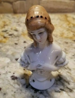 Vintage Antique Porcelain Half Doll Lady Figurine Pin Cushion Top 3” Tall