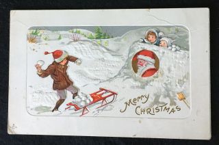 Antique L.  S.  C.  Christmas Postcard Santa Children Snowball Fight