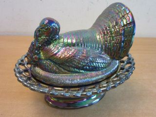 Rare Vintage Mosser Usa Amethyst Carnival Glass Turkey On Nest,  Open Lace