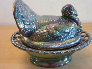 RARE Vintage Mosser USA Amethyst Carnival glass Turkey on nest,  open lace 3