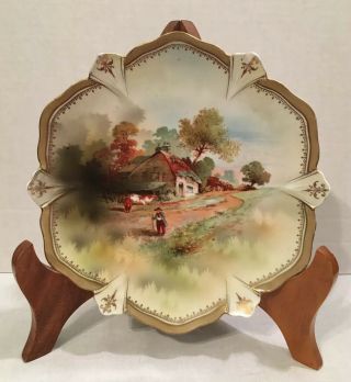 Rare Rs Prussia Farm Scene Cow Plate.  Signed W/chip