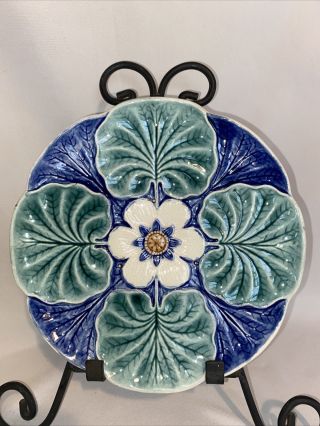 Antique Joseph Holdcroft Majolica Pond Lily Plate 8” Rare Blue Color