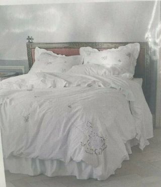 Rare Simply Shabby Chic White On White Embroidered Roses Cutout Duvet Set Queen