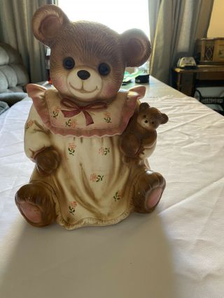 Rare Vintage Antique Teddy Bear Nightgown Cookie Jar With Glass Eyes