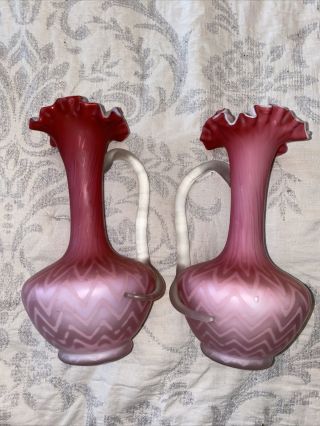 Pair Victorian Pink Satin Glass Vases With Applied Handles Ruffled Rim Webb Rare