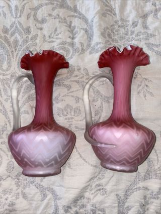 Pair Victorian Pink Satin Glass Vases with Applied Handles Ruffled Rim Webb Rare 2