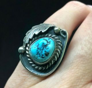 Rare Vintage Navajo Sterling Silver Turquoise Pinky Ring Cowboy Hat Shape Sz 4