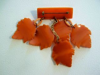 Rare Vintage 1940 ' s Orange Bakelite Oak Leaves Dangle Brooch Pin 2