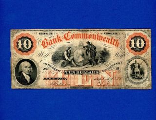 1858 $10 The Bank Of The Commonwealth Richmond,  Va Rare Mid Grade Note
