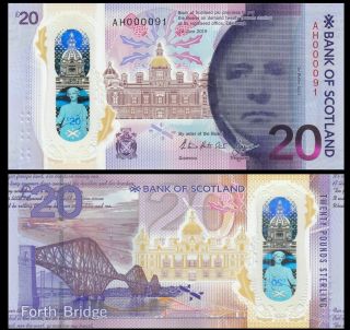 Bank Of Scotland 20 Pound 2019 P - Polymer Low Serial 000091 Rare - Unc