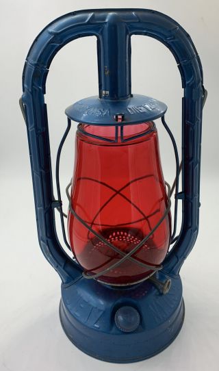 Vintage Monarch Blue Dietz Kerosene Lantern Rare Oil Lamp Red Globe Train