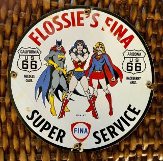 Rare Vintage Fina Porcelain Sign Wonder Woman Pinup Comic Gas Oil 11.  75 "