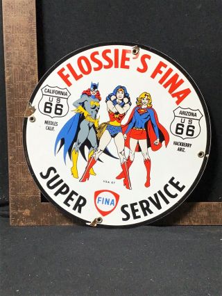 Rare Vintage Fina Porcelain Sign Wonder Woman Pinup Comic Gas Oil 1967