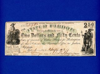 1862 $2.  50 The State Of Mississippi Cotton Pledged Crisp Rare Civil War Note