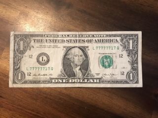 Near Solid Serial Seven 7s Series 2013 One Dollar Bill.  Rare Binary 2
