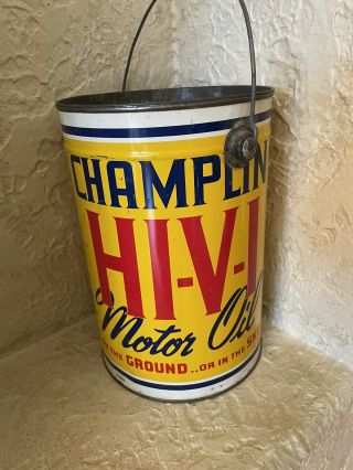 Rare 1950s Large Champlin Hi - Vi Five Quart Motor Oil Tin Can Enid Ok.  10 1/2 “