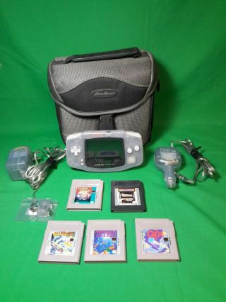 Rare Gameboy Advance Agb - 001 Clear Glacier 5 Games Case Car 120v Wall Adapter