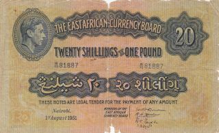 20 Shillings Or 1 Pound Vg Banknote From British East Africa 1951 Pick - 30b Rare