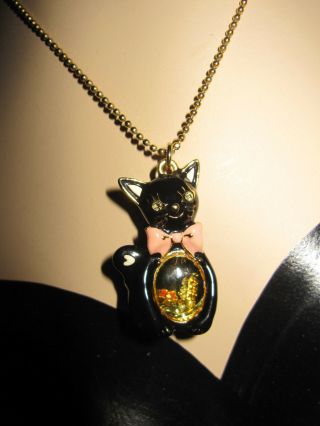 Betsey Johnson Rare Black Cat With Fish In Belly Necklace