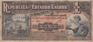1 Mil Reis Vg Banknote From Brazil 1917 Pick - 5 Very Rare