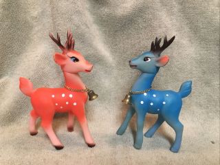 (2) Rare Vtg Christmas Reindeer Deer Soft Plastic Rubber Japan Movable Head