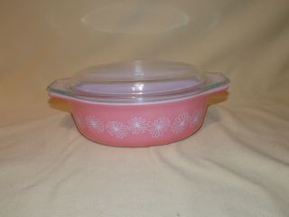 Rare Vintage Pyrex Pink Snowflake Daisy 1 1/2 Qt Casserole Dish 043 Clear Lid