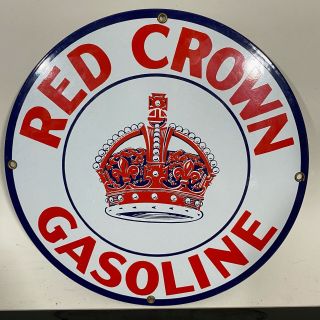 Vintage Red Crown Gasoline Porcelain Enamel Metal Rare Advertising Sign