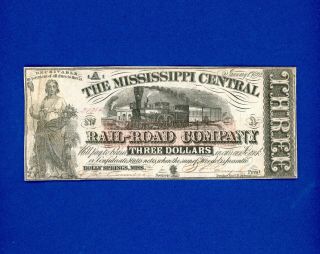 1862 $3 Mississippi Central Railroad Company Very Rare Civil War Mid Grade Note