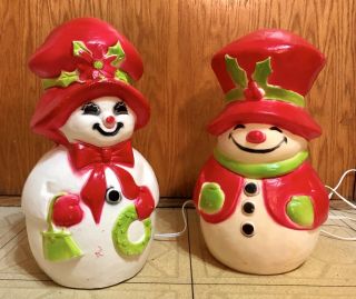 Pair Vintage Union Products Inc Blow Mold Snowman Snowwoman Couple Lighting Rare