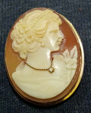 99p Carved Shell Cameo & 9k Gold & Diamond Brooch/pendant Rare Girl