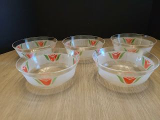 5 Vintage Rare Pyrex Htf Frosted Red Tulip Bowls
