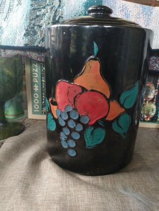 Monmouth Pottery Western Stoneware Usa Fruit Embossed Cookie/ Crock Jar Rare