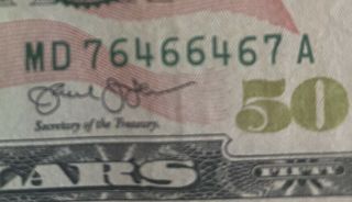 $50 Dollar Bill,  Fancy,  Rare Serial Number,  76466467 Is A Palindrome (radar)