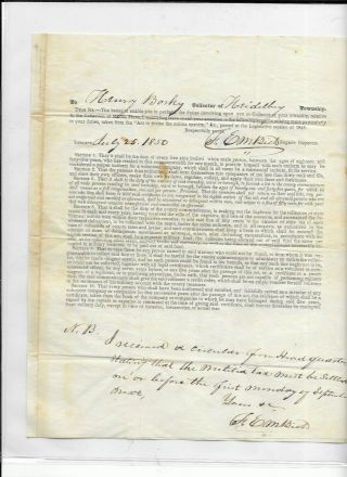 Early Pre - Civil War Schaefferstown,  Lebanon County,  Pa Militia Document Rare