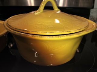 Rachael Ray Cucina Stoneware Set of 2 Round Casserole Shared Lid mustard RARE 2