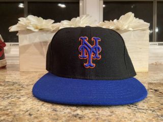 2013 York Mets Game Worn Hat With Size 7 Rare Black Hat With Blue Rim
