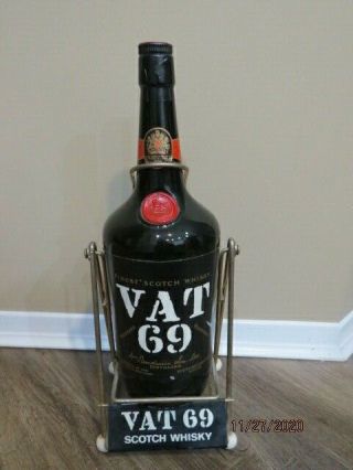 Rare Vintage Vat 69 Finest Scotch Whiskey Glass Bottle On Swinging Display Stand
