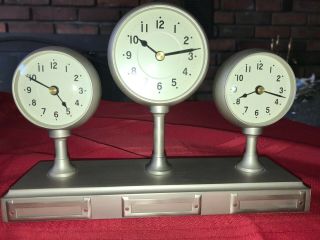 Rare Pottery Barn Retro 3 Time Zone Heavy Desk Clock Brushed Nickel Silver Metal