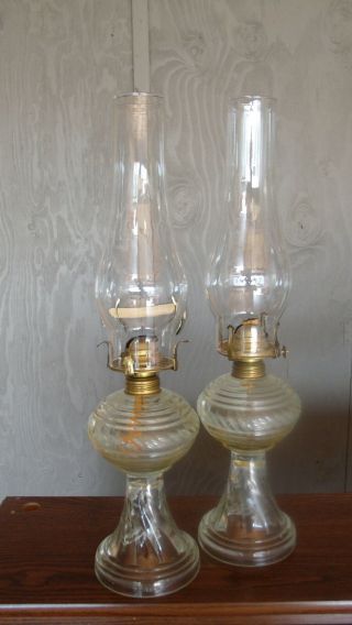 Set Of 2 Pedestal Glass Oil Lamps - Made In Portugal - Rare -