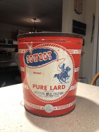 Rare Cowboy Brand Pure Lard Can Western Meat Packers Co Little Rock Arkansas 8lb