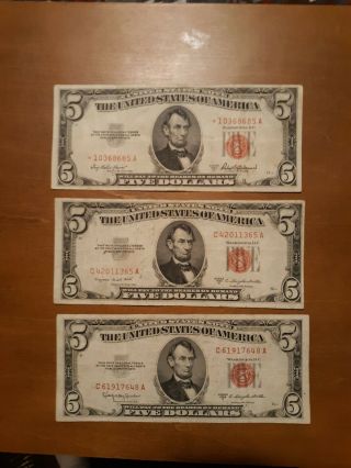 (3) 1953a Star Note Rare,  63b,  63c Red Seal $5.  00 United States Note