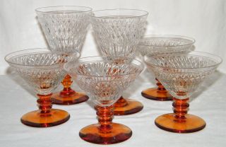 Rare Vtg Set 6 Clear Hand Cut Crystal 2 - Wine/4 - Champagne Amber Glass Stem & Foot